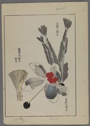 清水晴風『うないの友』（子どもの友だち）より、日本のおもちゃ、1891-1923。羽根つきの羽根、ブラシ。